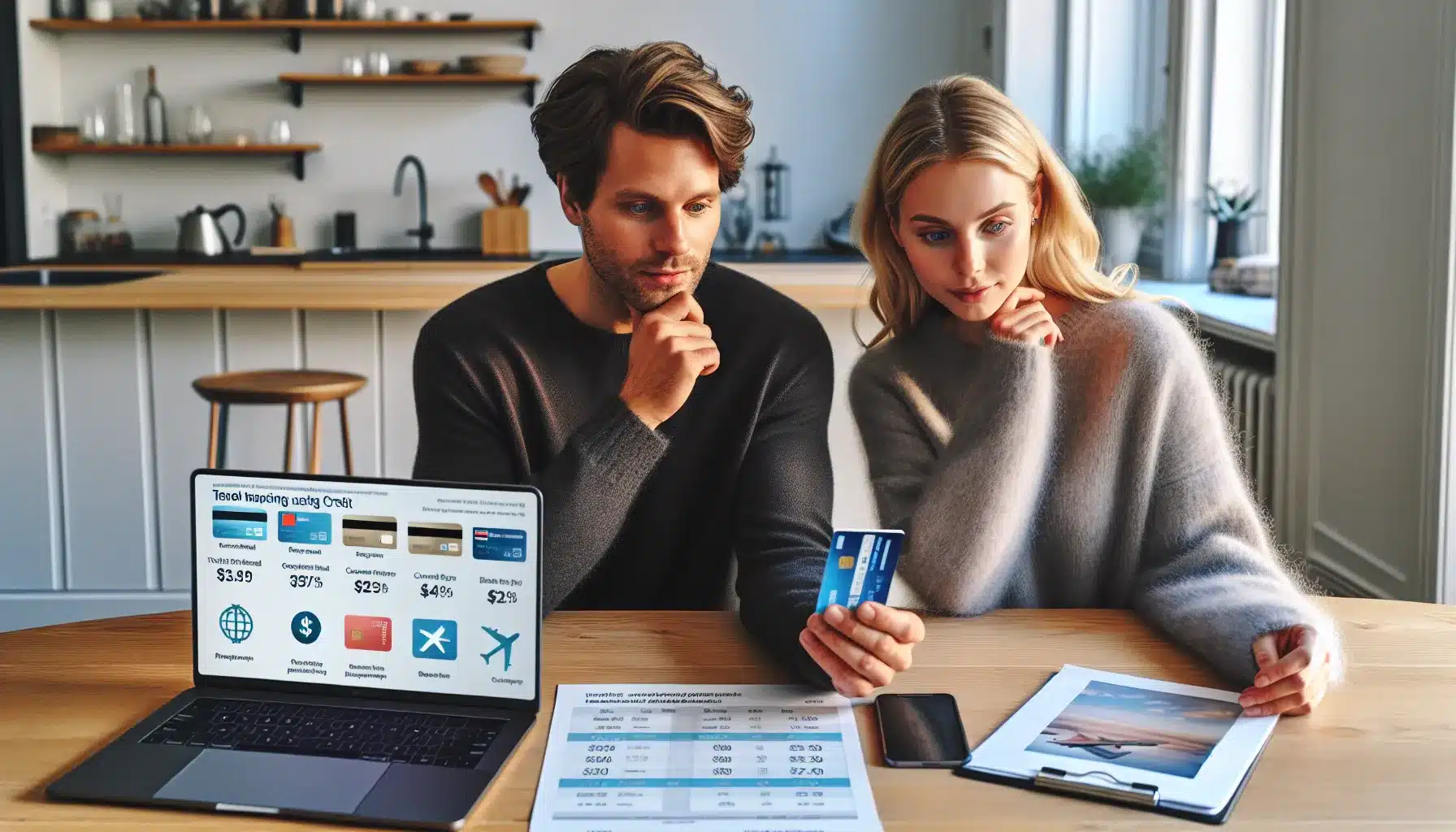 Hvordan bruke kredittkort for å redusere reiseutgifter 3 Norwegian couple comparing travel credit cards at home to cut future trip costs.