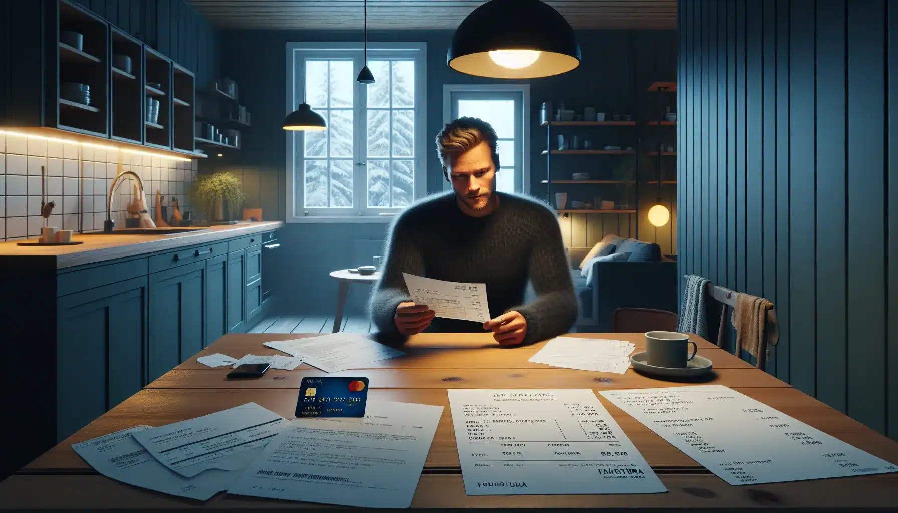 Norwegian man at kitchen table weighing bills and using a credit card buffer.