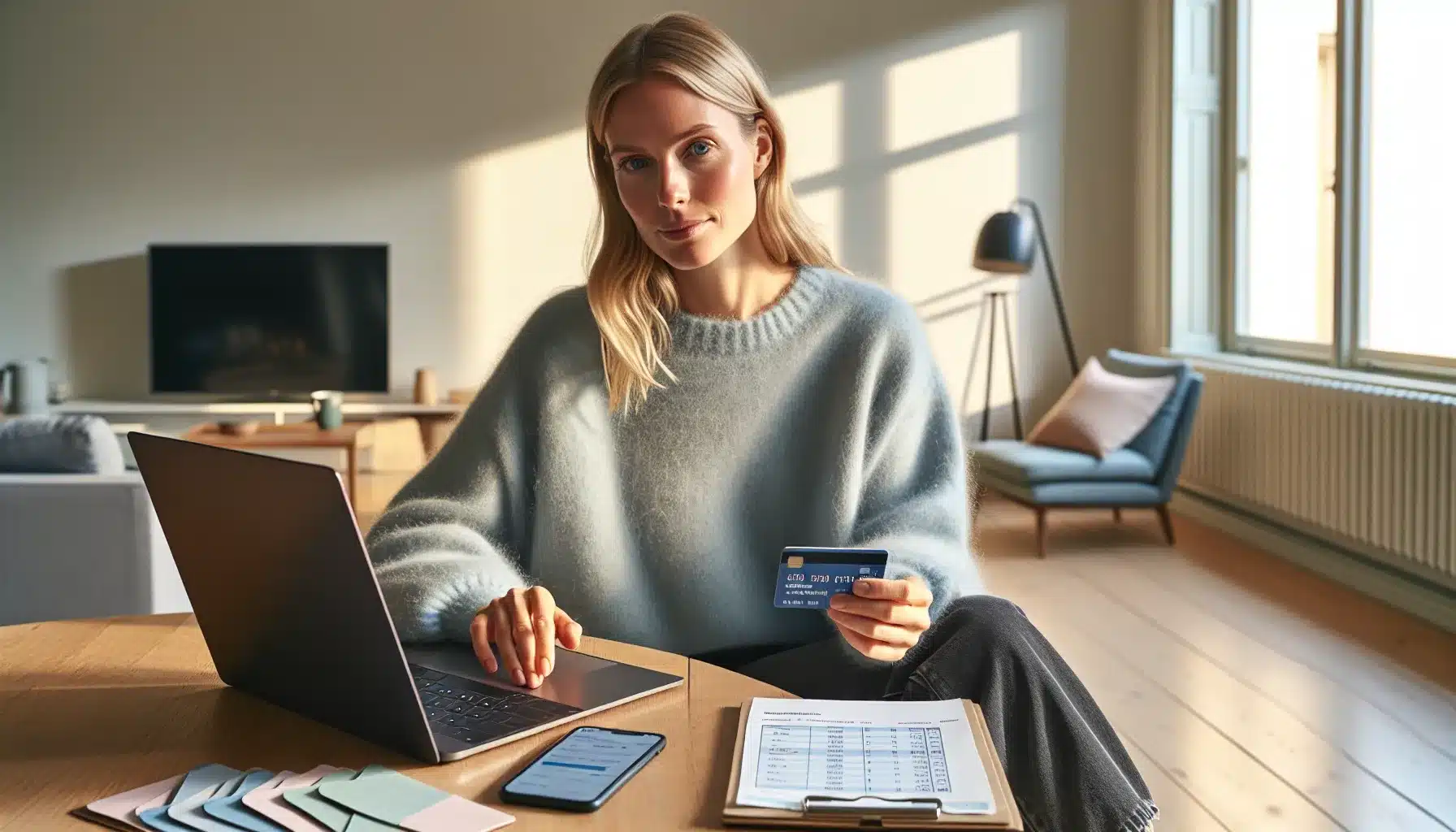 Hvordan bruke kredittkort for å oppnå økonomisk fleksibilitet 3 Norwegian woman calmly managing budget with credit card and laptop at home.