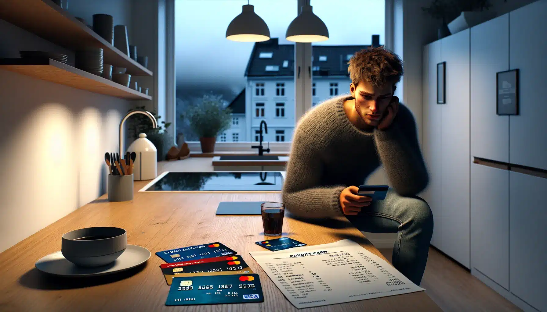 Hvordan unngå vanlige fallgruver med kredittkort 2 Concerned norwegian adult reviews multiple credit card bills and cards at kitchen table.
