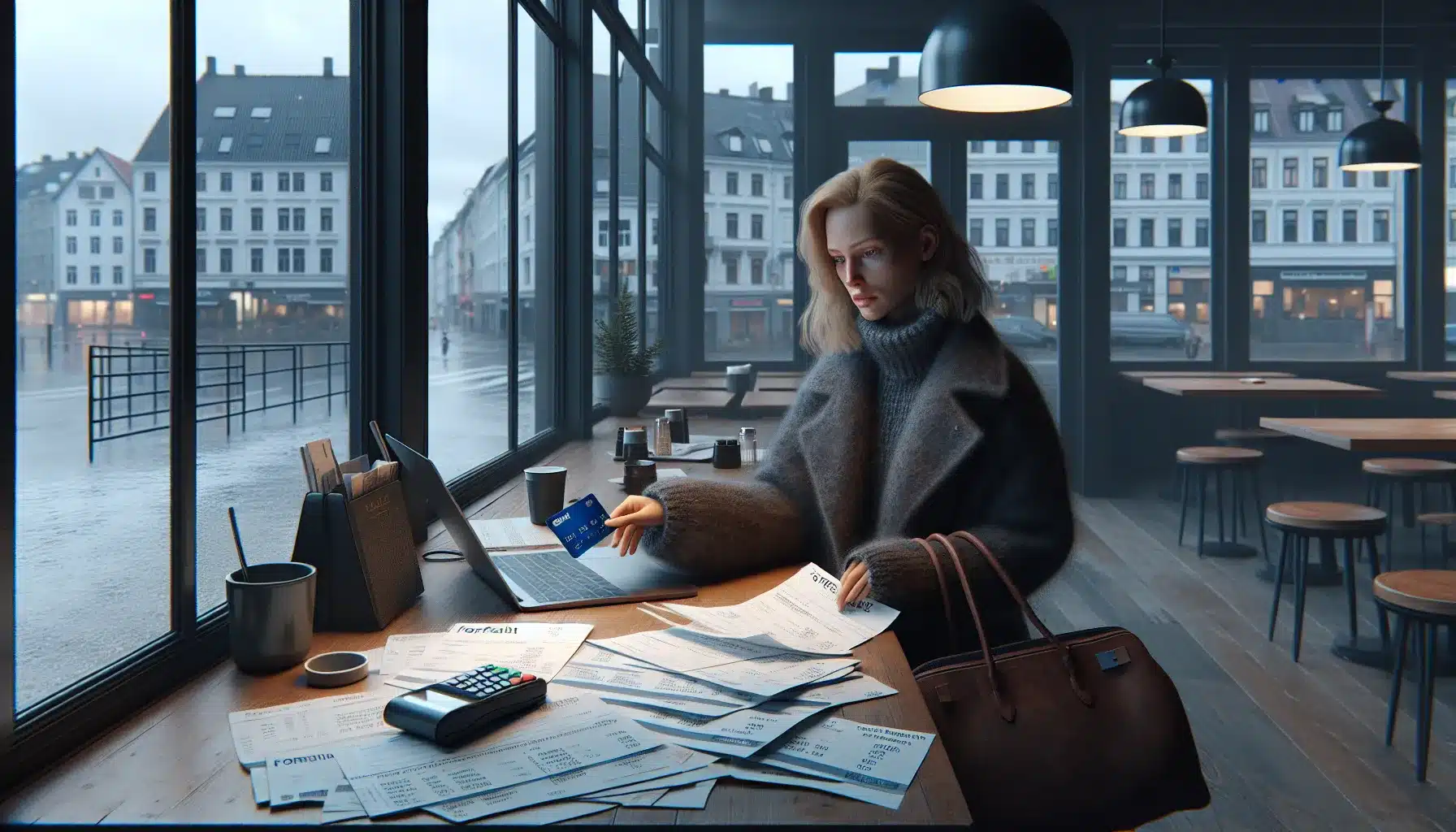 Hvordan unngå vanlige fallgruver med kredittkort 3 Young woman in norwegian café worriedly reviewing mounting credit card bills while paying.